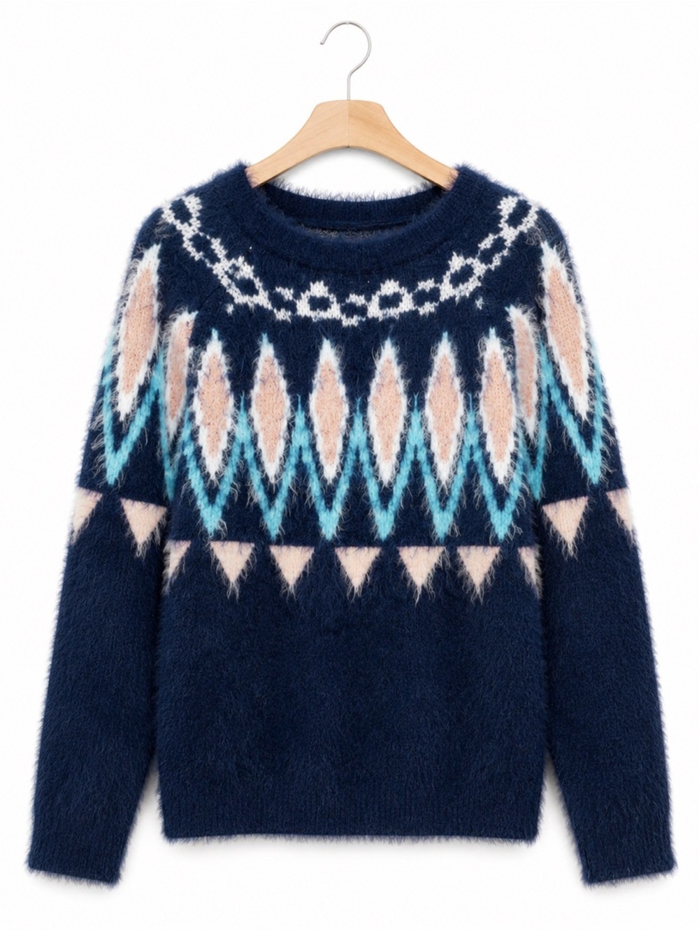 Lauren Conrad Fuzzy Eyelash Knit Sweater Blue Fair Isle Aztec Boho Cozy NWT XS